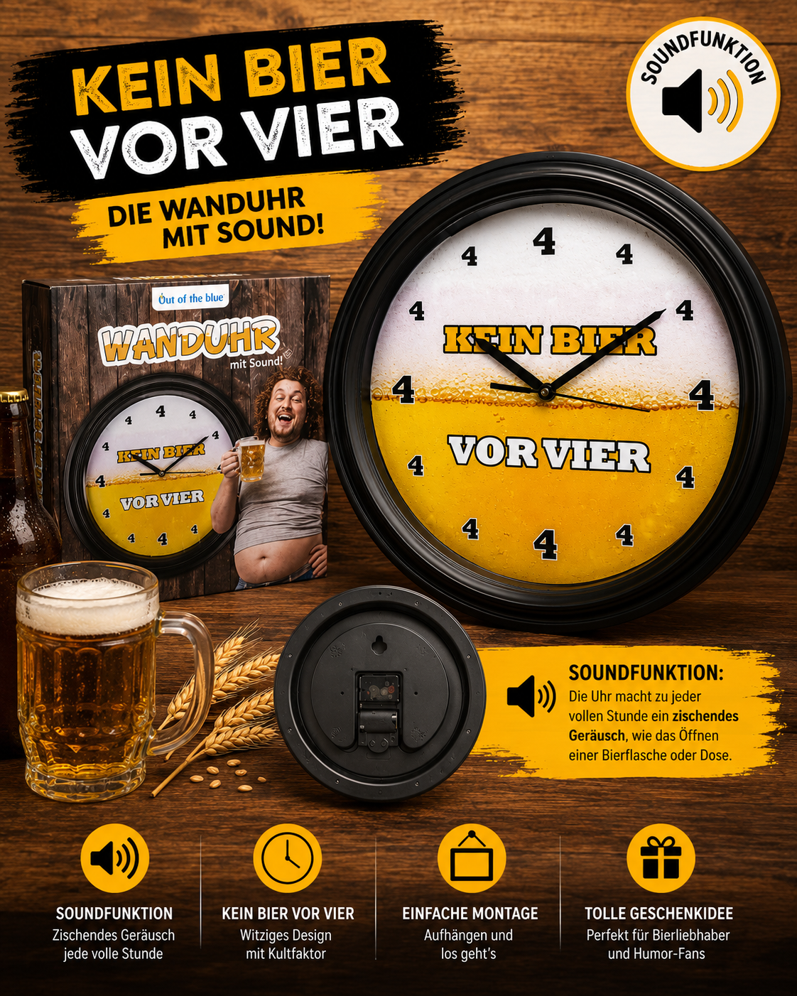 Wanduhr "Kein Bier vor 4" mit Sound | lustige Bier Uhr mit Zisch Geräusch zur vollen Stunde