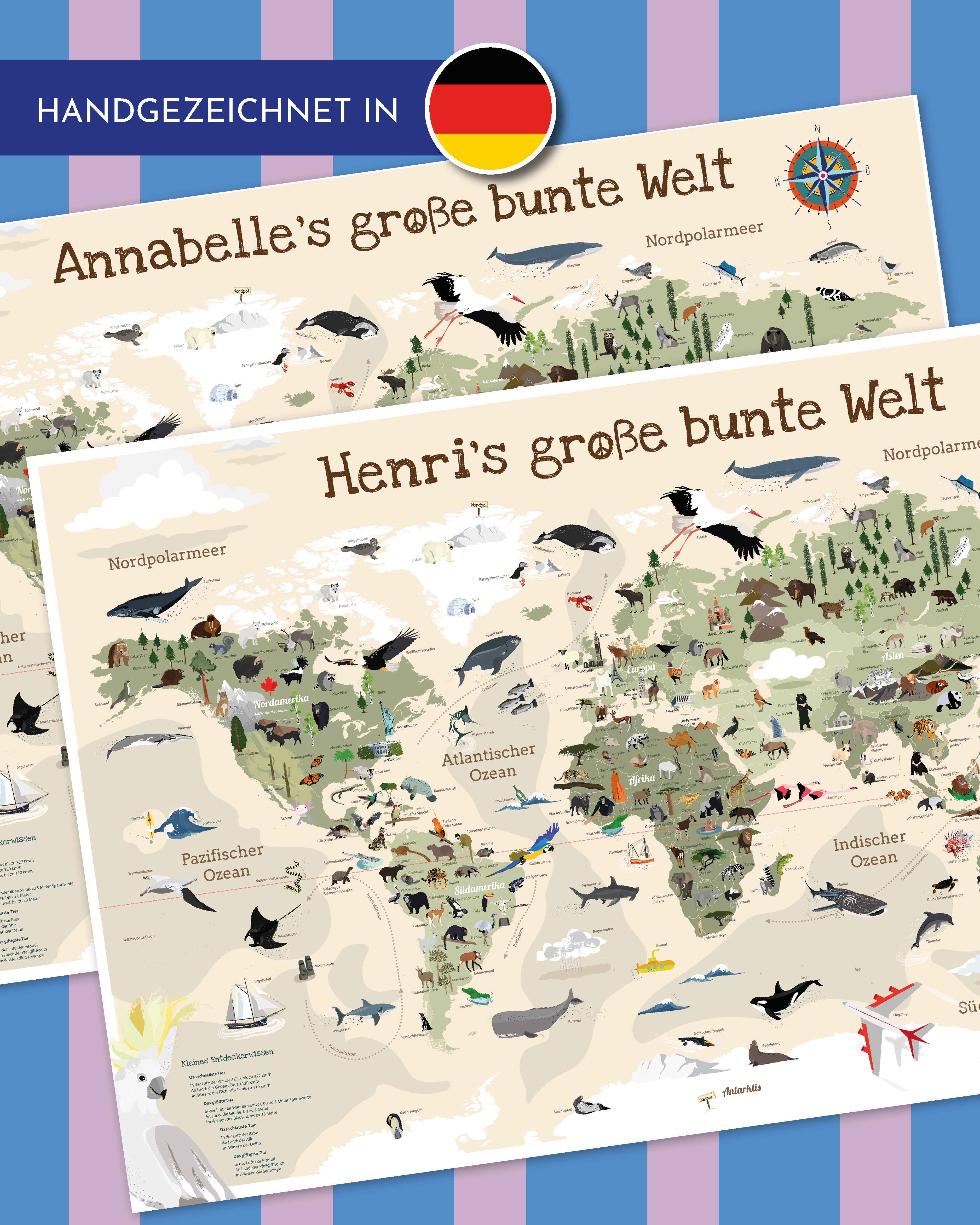 Kinder Weltkarte Beige personalisiert - 60 x 40cm