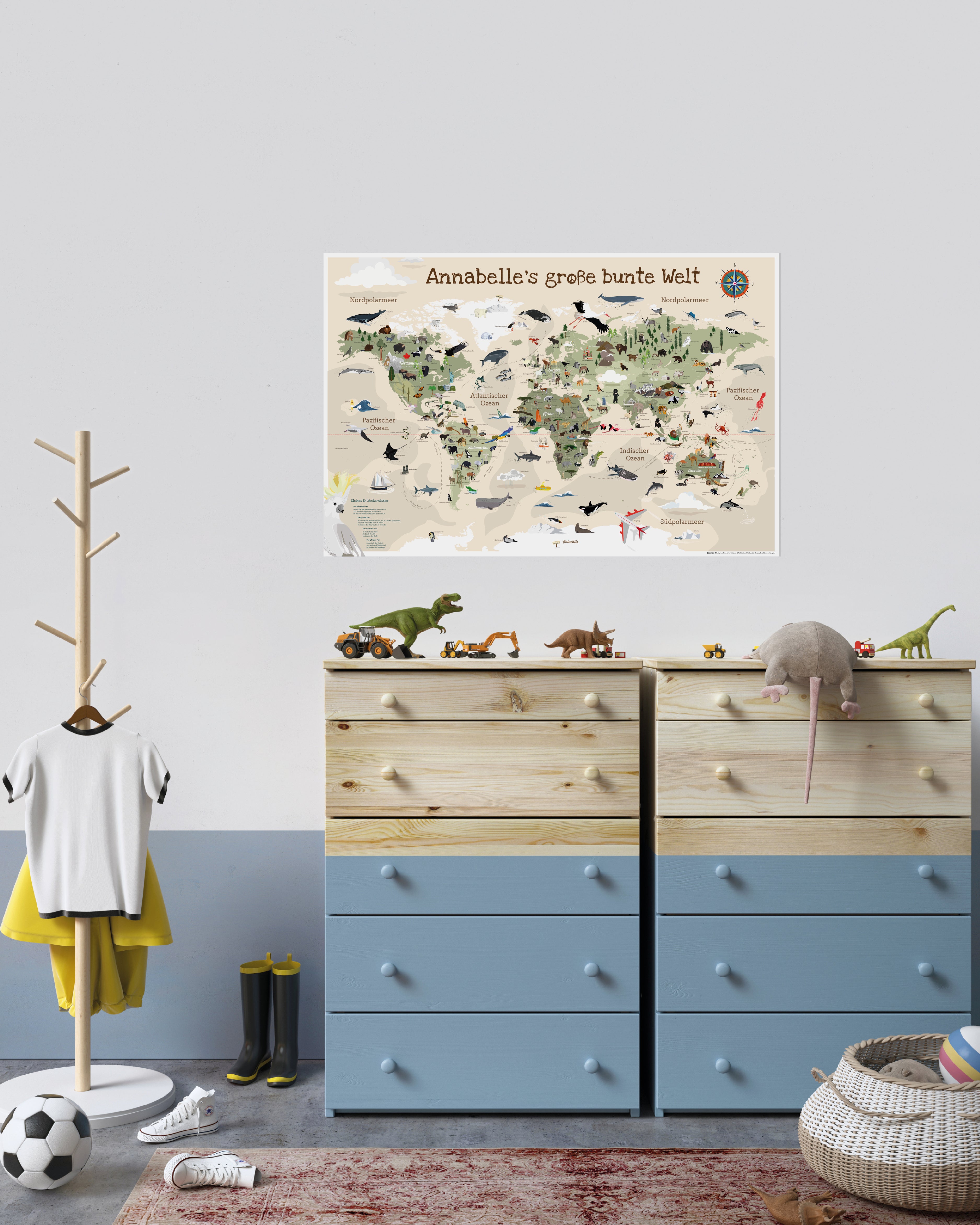 Kinder Weltkarte Beige personalisiert - 60 x 40cm