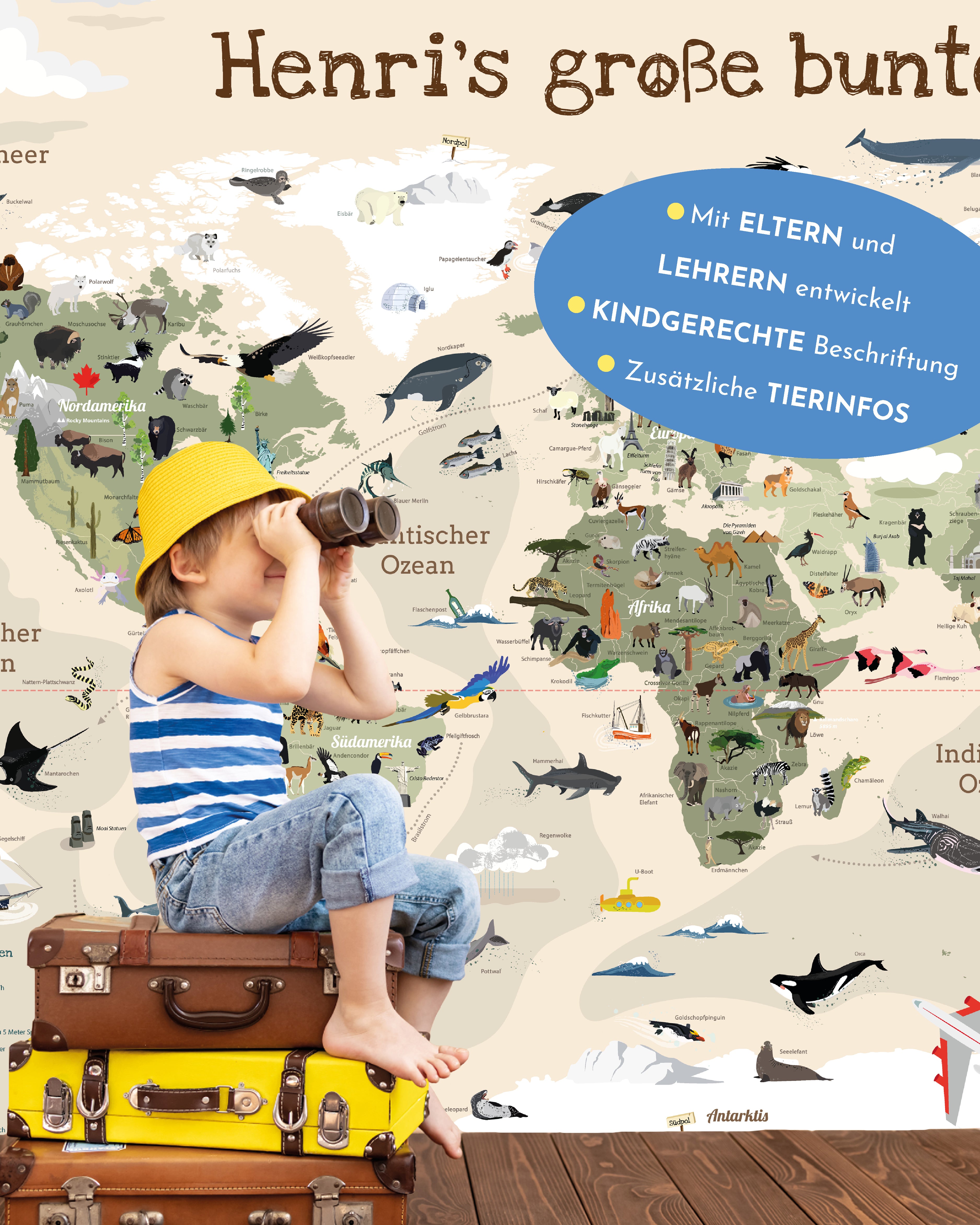 Kinder Weltkarte Beige personalisiert - 60 x 40cm