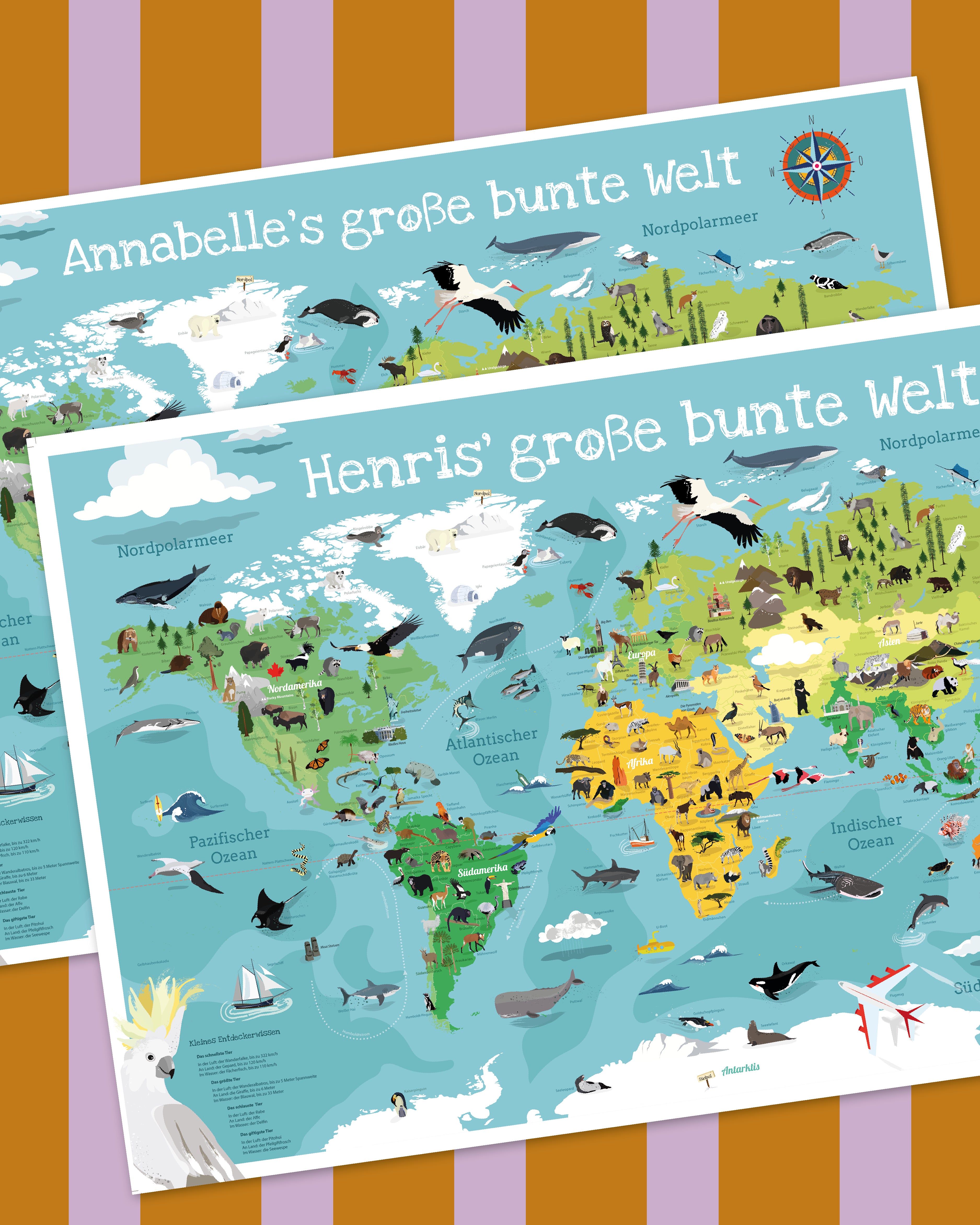 Kinder Weltkarte bunt POD personalisiert mit Namen