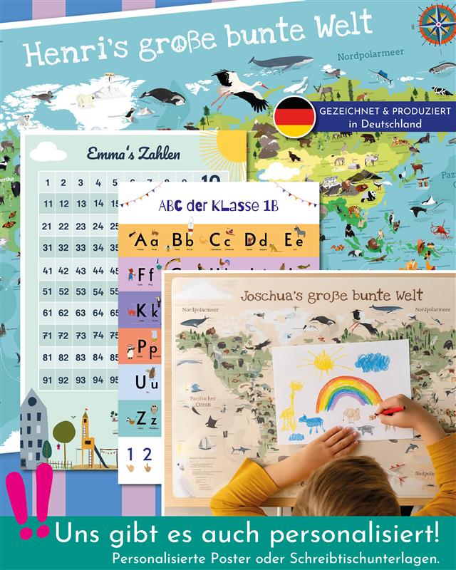 Kinder Weltkarte bunt POD personalisiert mit Namen