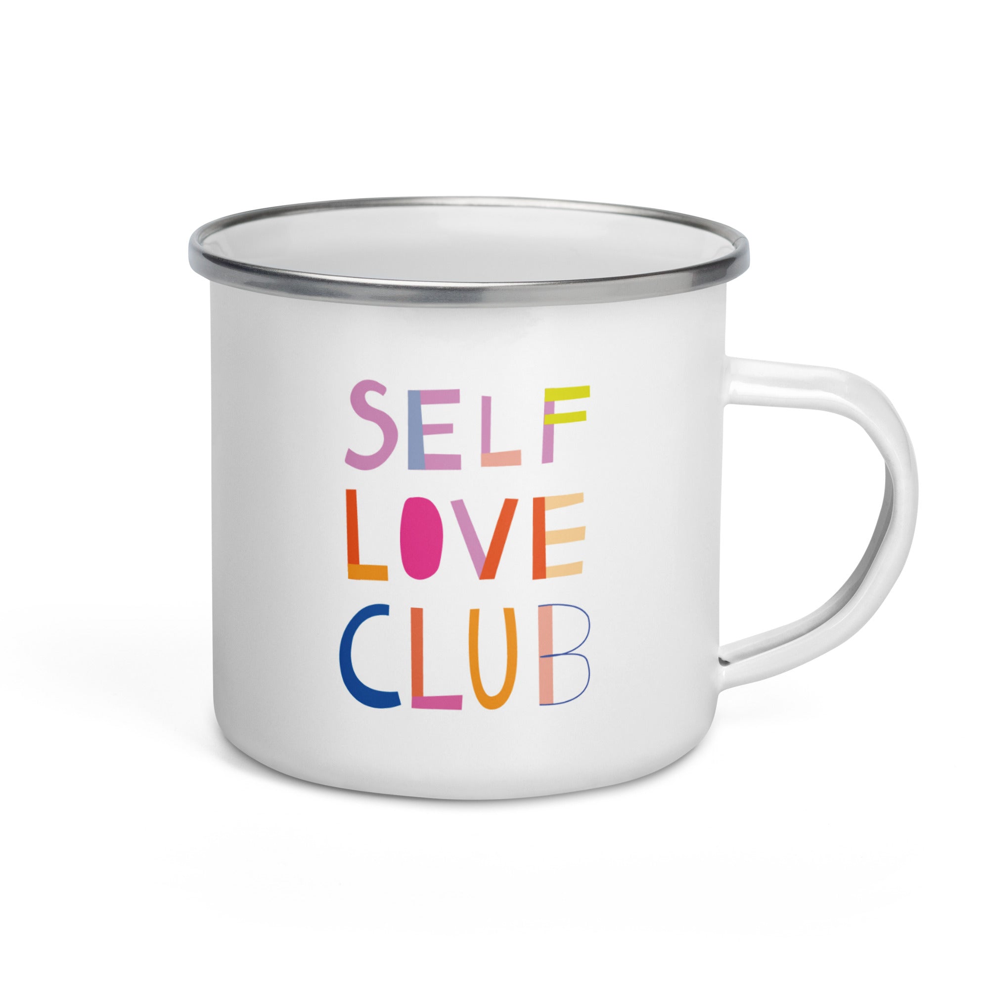 Mug émaillé Self Love Club – Mug rétro coloré avec motif « amour de soi » | Léger et robuste | Mug émaillé fait main avec inscription | Cadeau pour femmes, amies, pleine conscience et émancipation