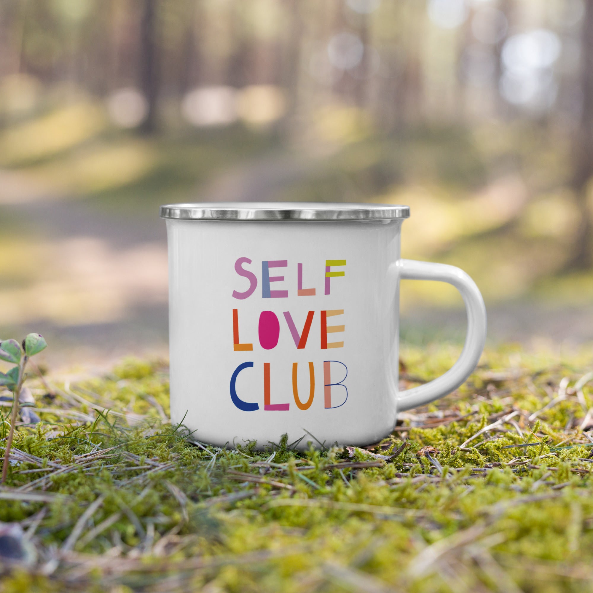 Mug émaillé Self Love Club – Mug rétro coloré avec motif « amour de soi » | Léger et robuste | Mug émaillé fait main avec inscription | Cadeau pour femmes, amies, pleine conscience et émancipation