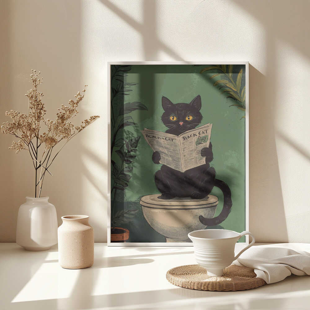 Cat Reading A Newspaper On A Toilet