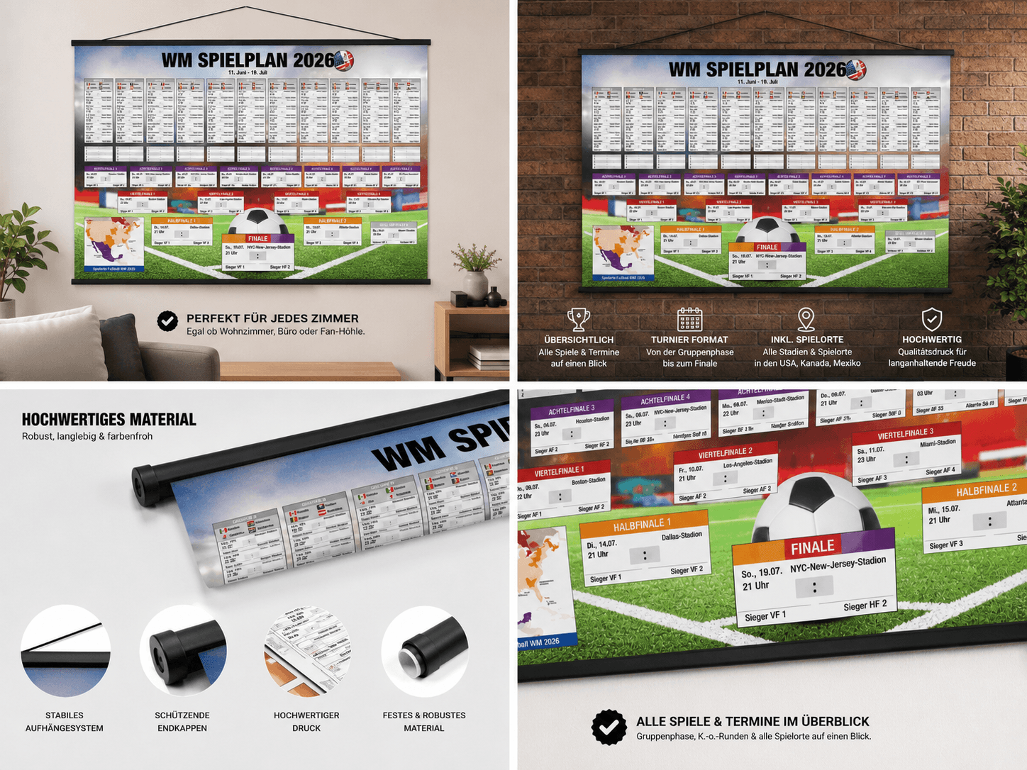 WM Spielplan 2026 | Fußball Weltmeisterschaft | XXL-Format | inkl. Posterleisten schwarz 100 cm