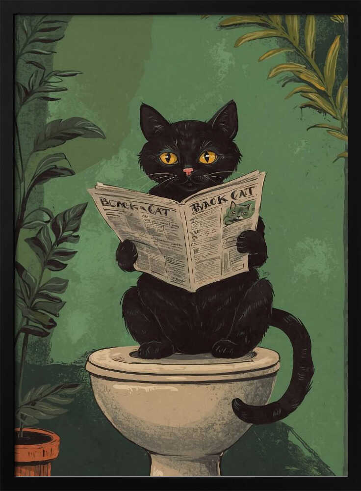 Cat Reading A Newspaper On A Toilet