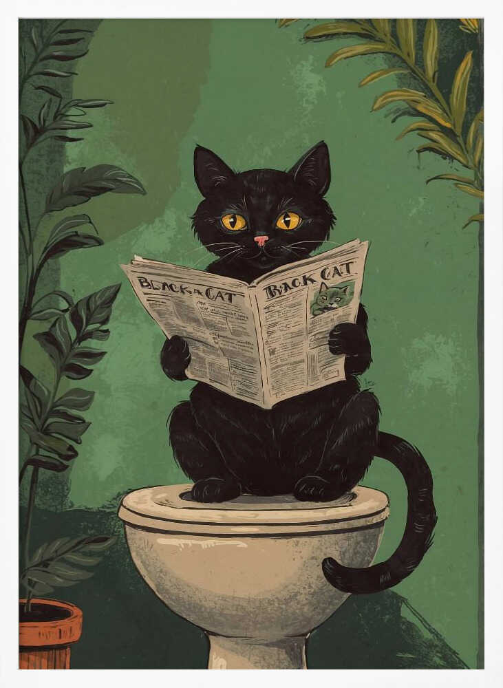 Cat Reading A Newspaper On A Toilet