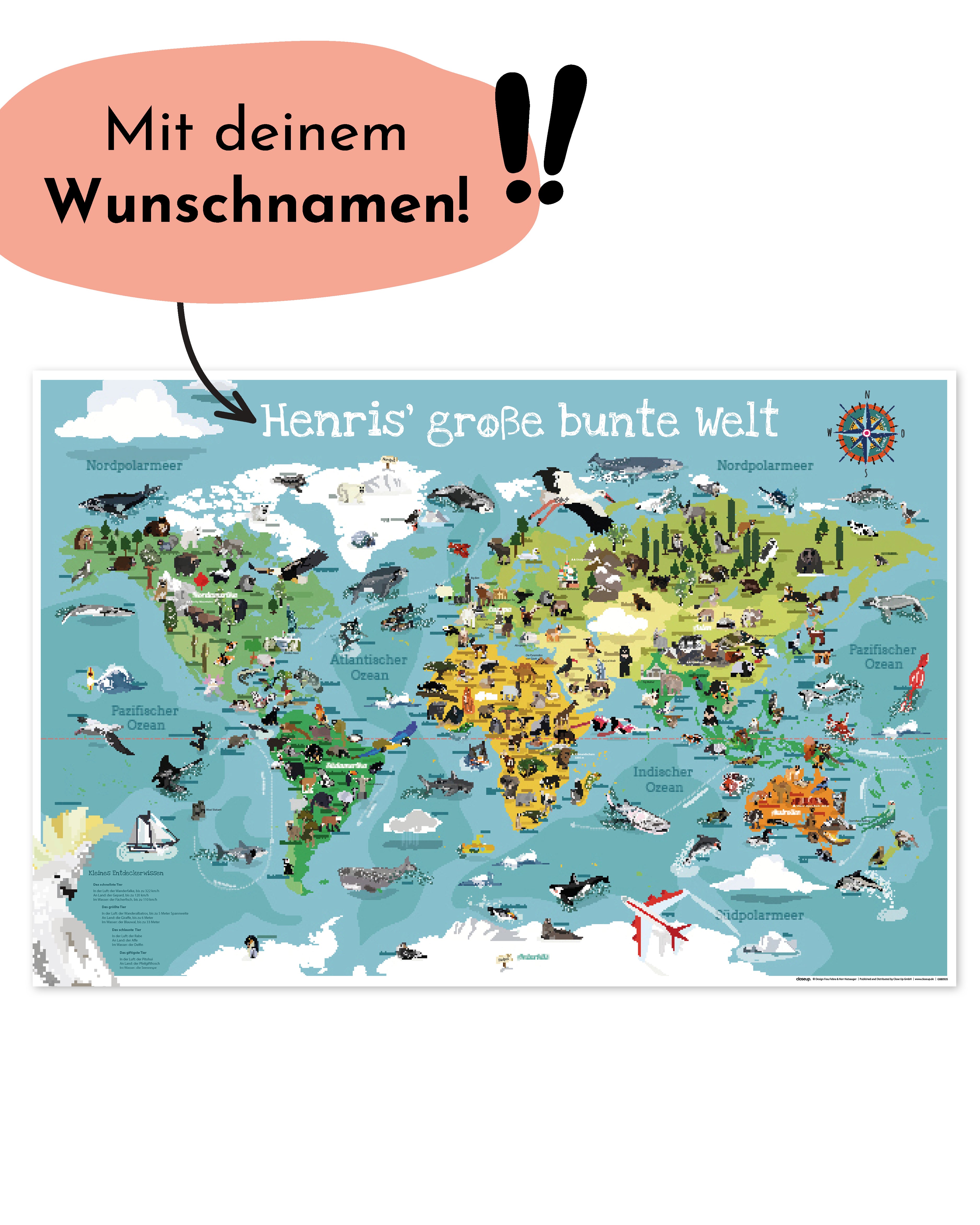 Kinder Weltkarte bunt POD personalisiert mit Namen