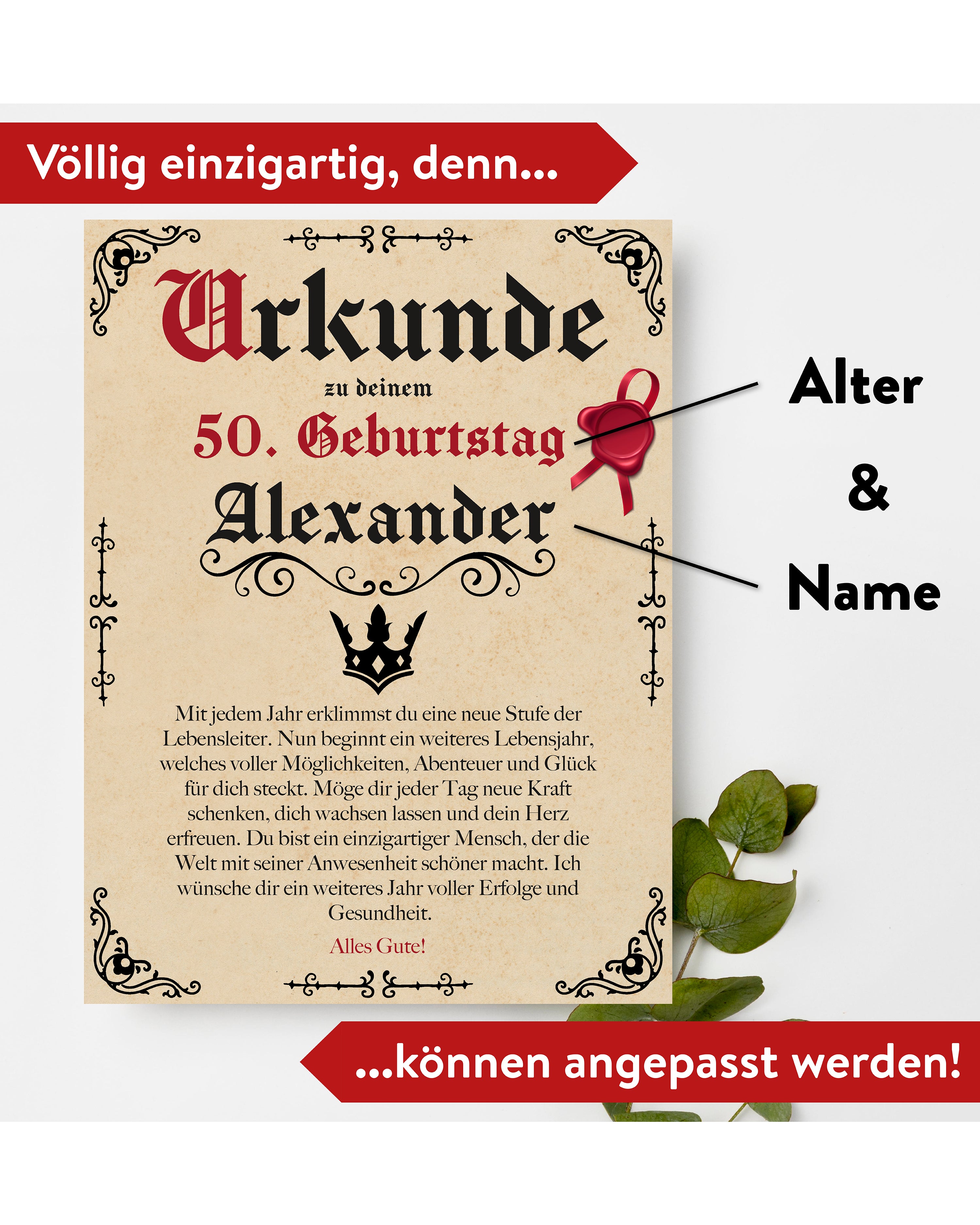 Geburtstags Urkunde Personalisierbar mit Alter + Wunschname - Pergament Stil Antik Vintage -20x30 cm