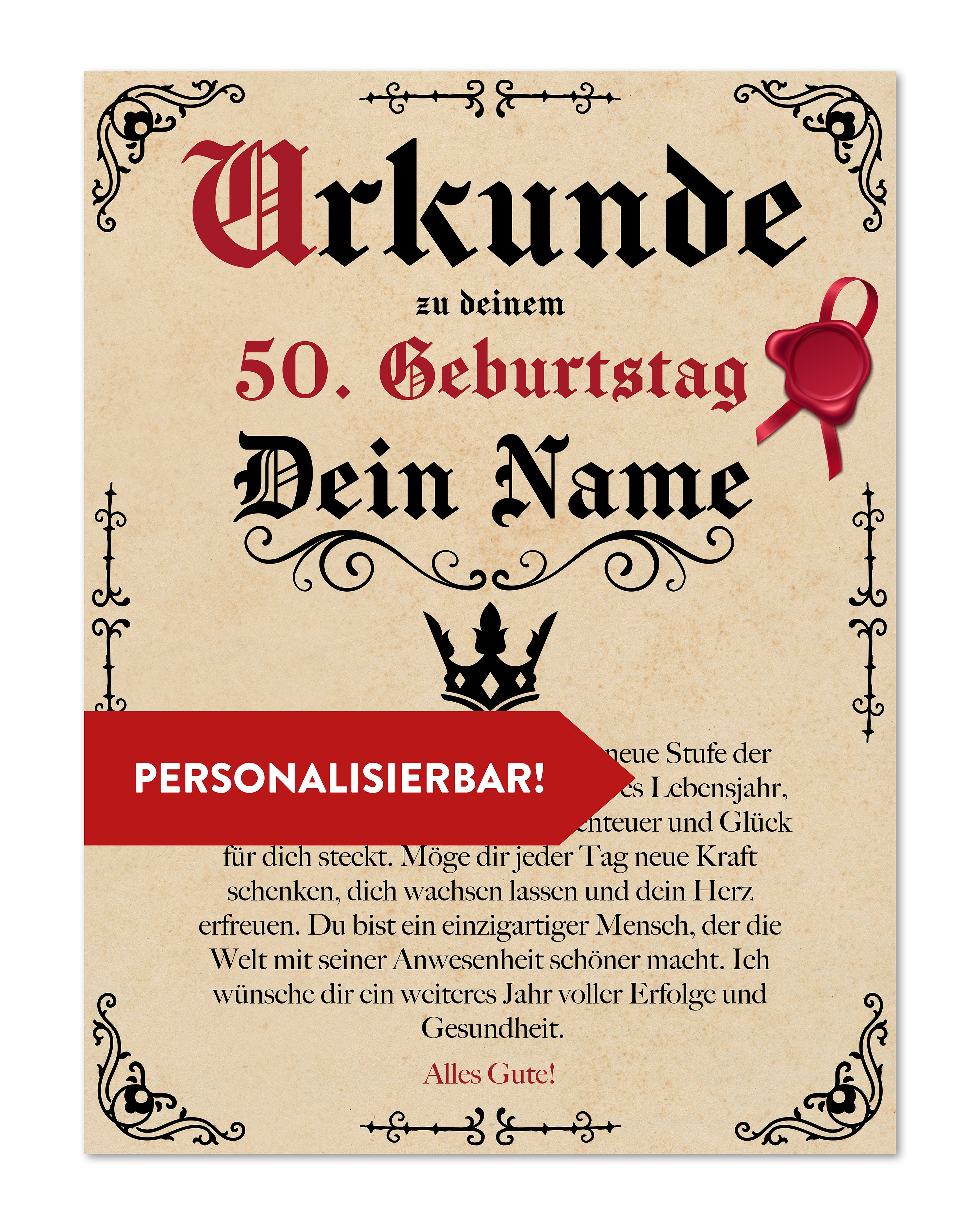 Geburtstags Urkunde Personalisierbar mit Alter + Wunschname - Pergament Stil Antik Vintage -20x30 cm