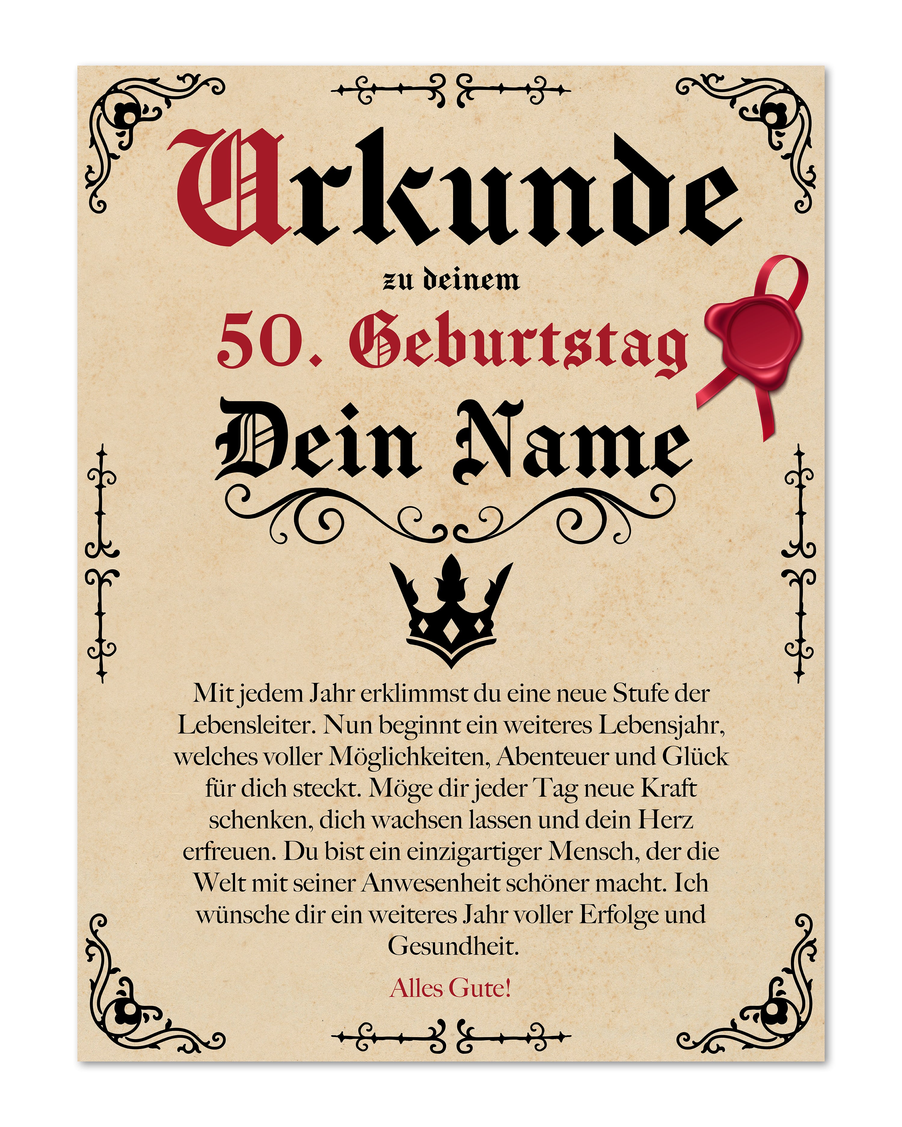 Geburtstags Urkunde Personalisierbar mit Wunschname + Alter - Pergament Stil Antik Vintage - 30x40 cm