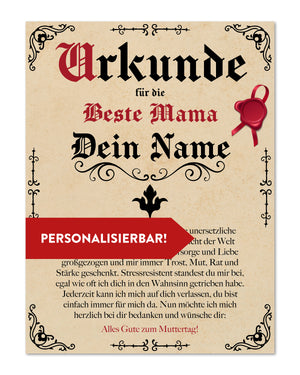 Certificat Fête des Mères | Personnalisable avec le nom de votre choix | Style parchemin antique vintage | 30x40 cm