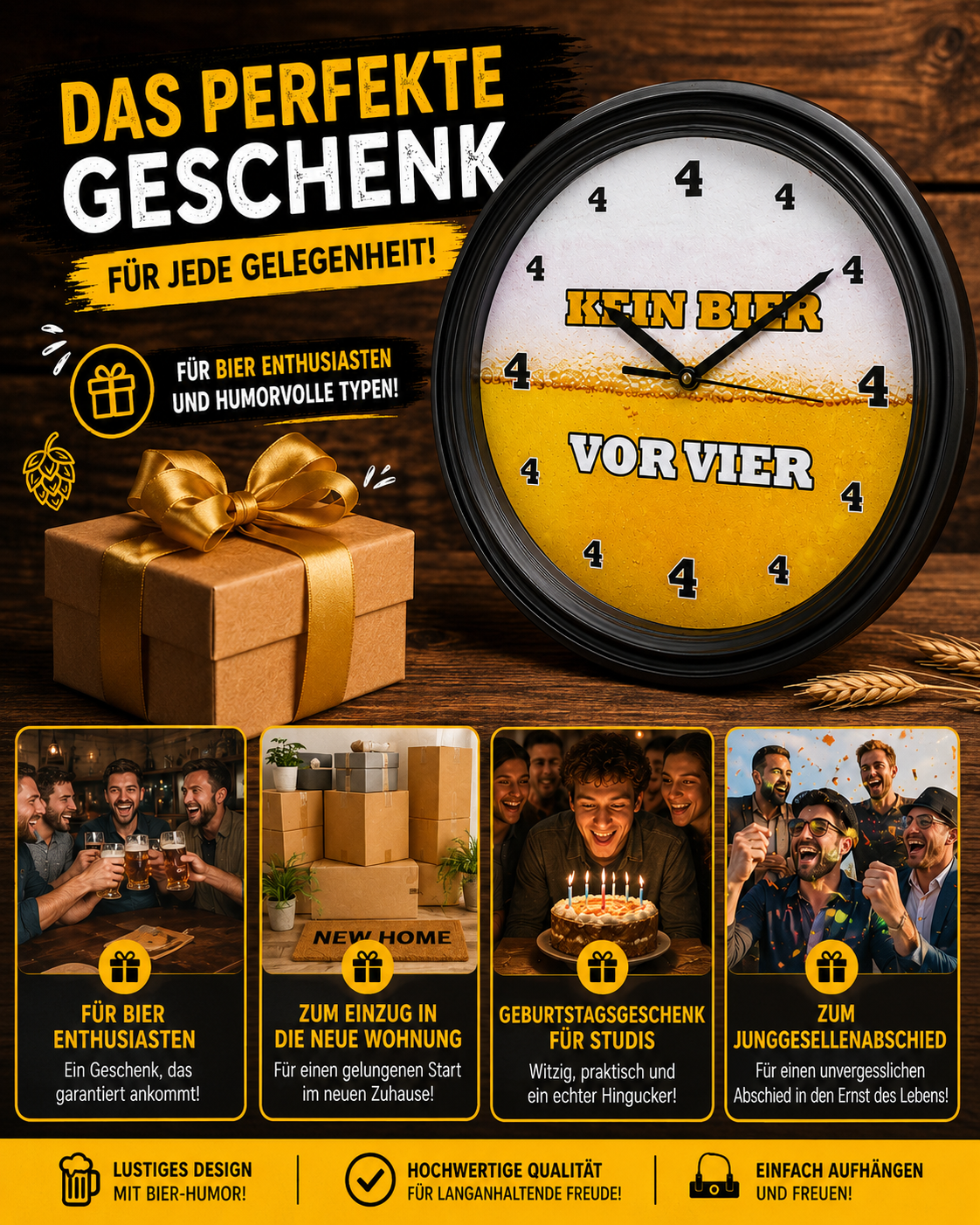 Wanduhr "Kein Bier vor 4" mit Sound | lustige Bier Uhr mit Zisch Geräusch zur vollen Stunde