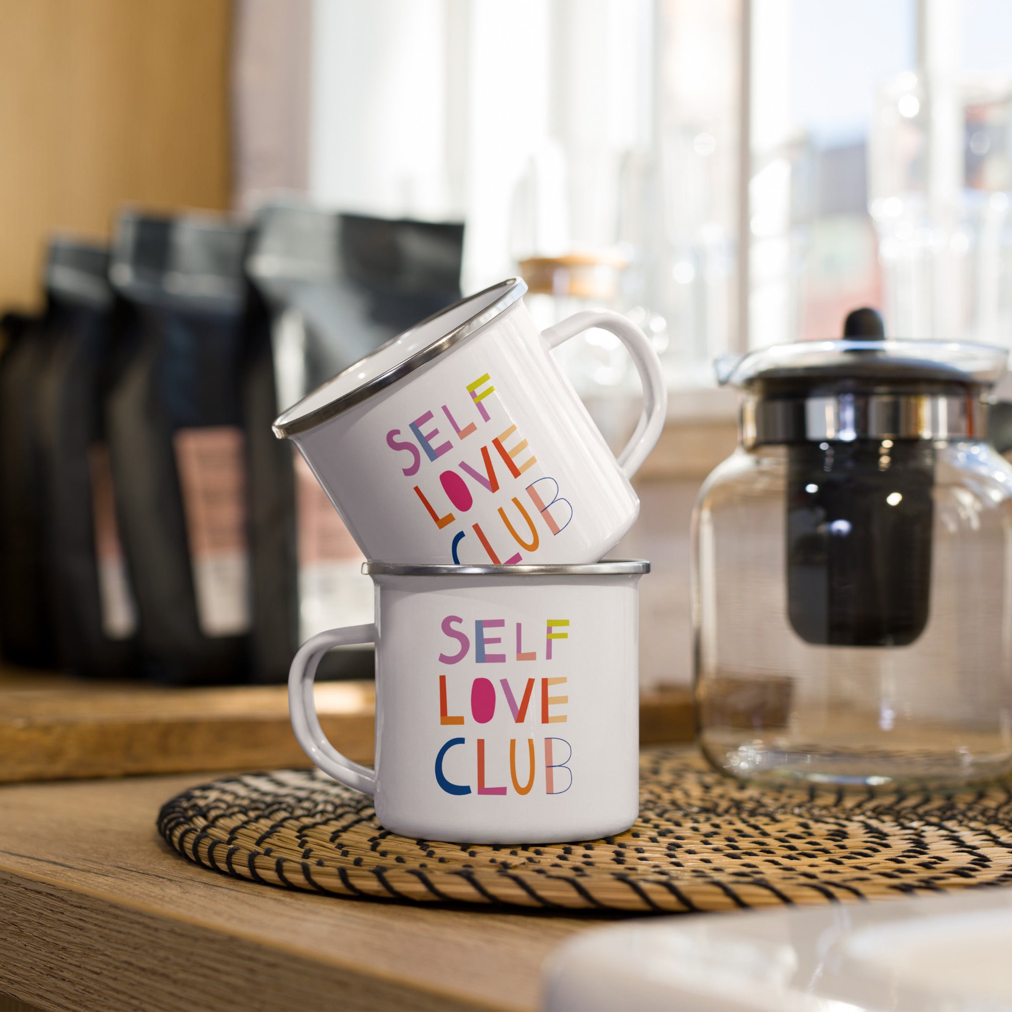 Mug émaillé Self Love Club – Mug rétro coloré avec motif « amour de soi » | Léger et robuste | Mug émaillé fait main avec inscription | Cadeau pour femmes, amies, pleine conscience et émancipation