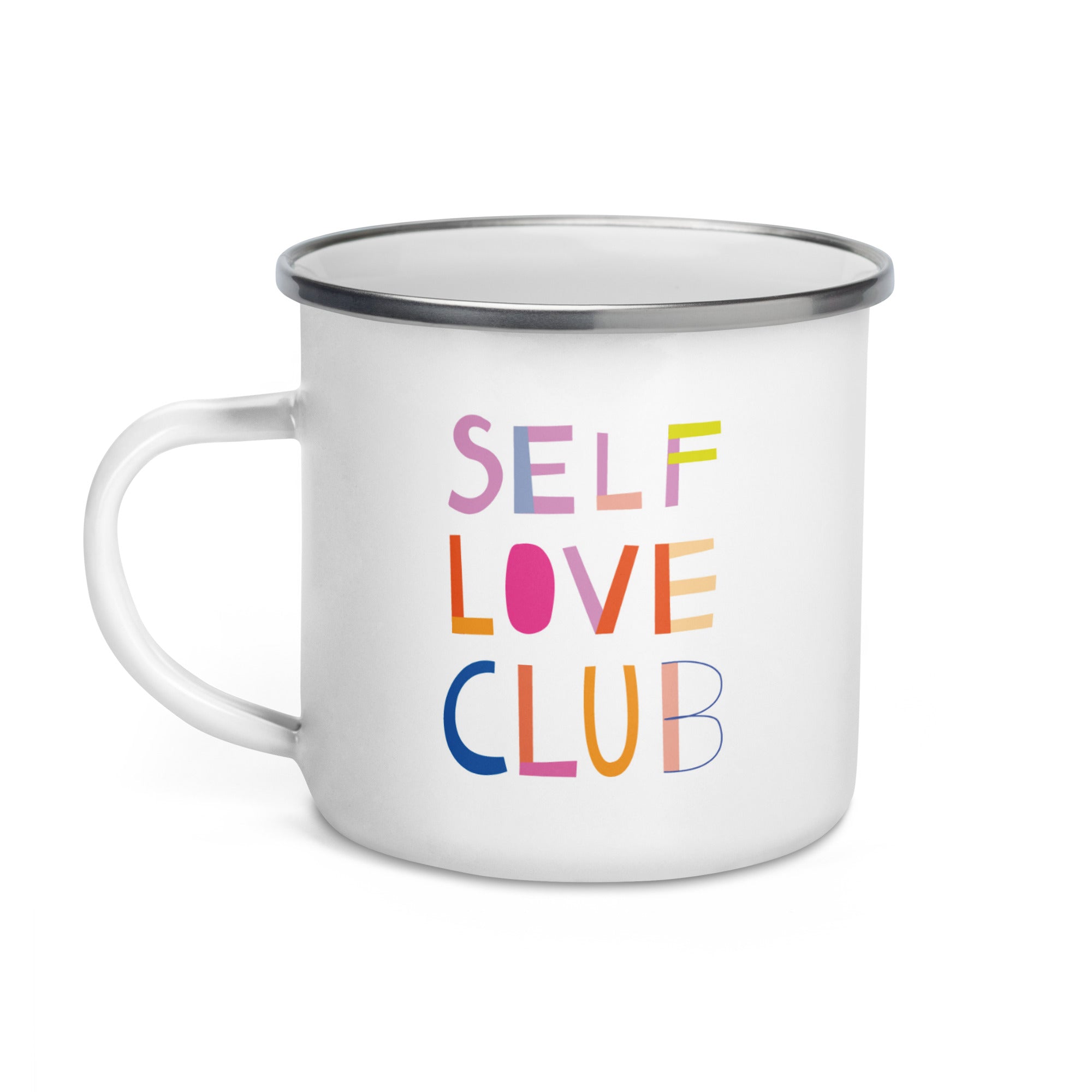 Mug émaillé Self Love Club – Mug rétro coloré avec motif « amour de soi » | Léger et robuste | Mug émaillé fait main avec inscription | Cadeau pour femmes, amies, pleine conscience et émancipation