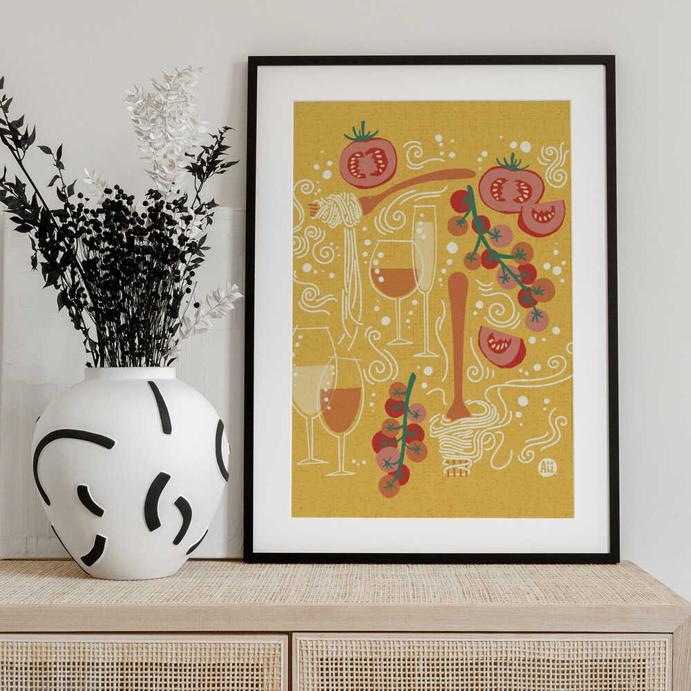 Pasta Paradise [yellow] Tomato and Wine – Playful Italian Pasta Illustration