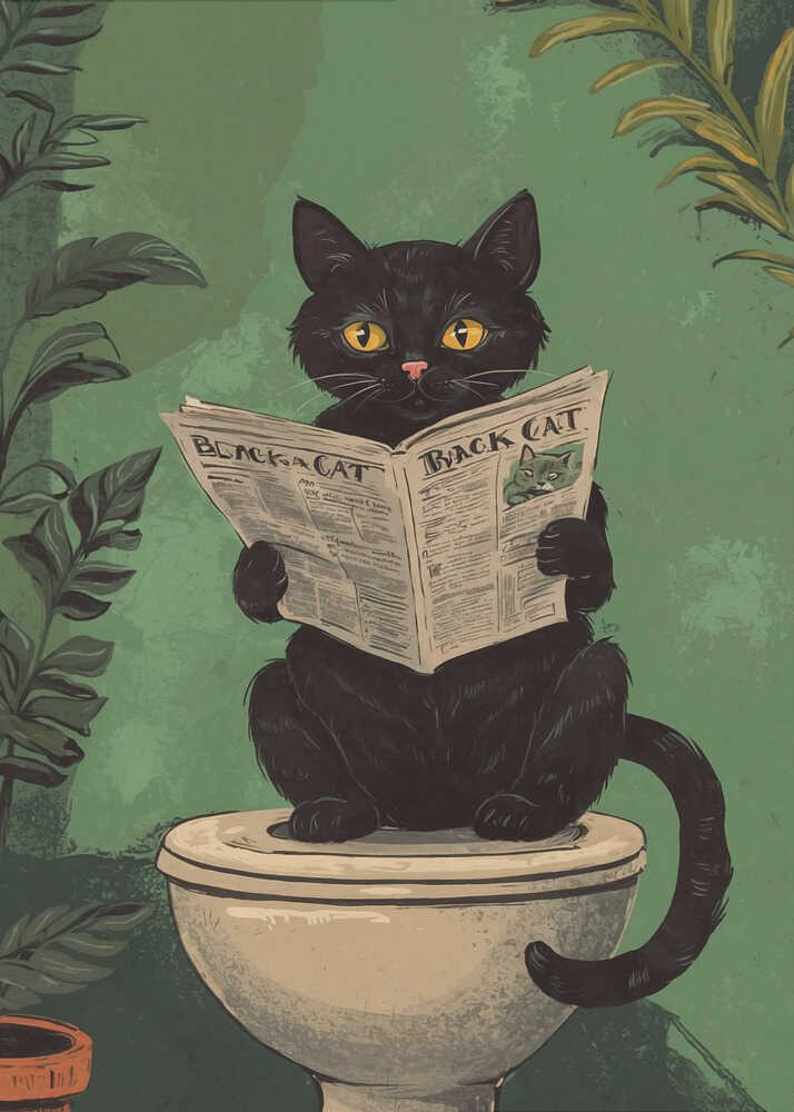 Cat Reading A Newspaper On A Toilet