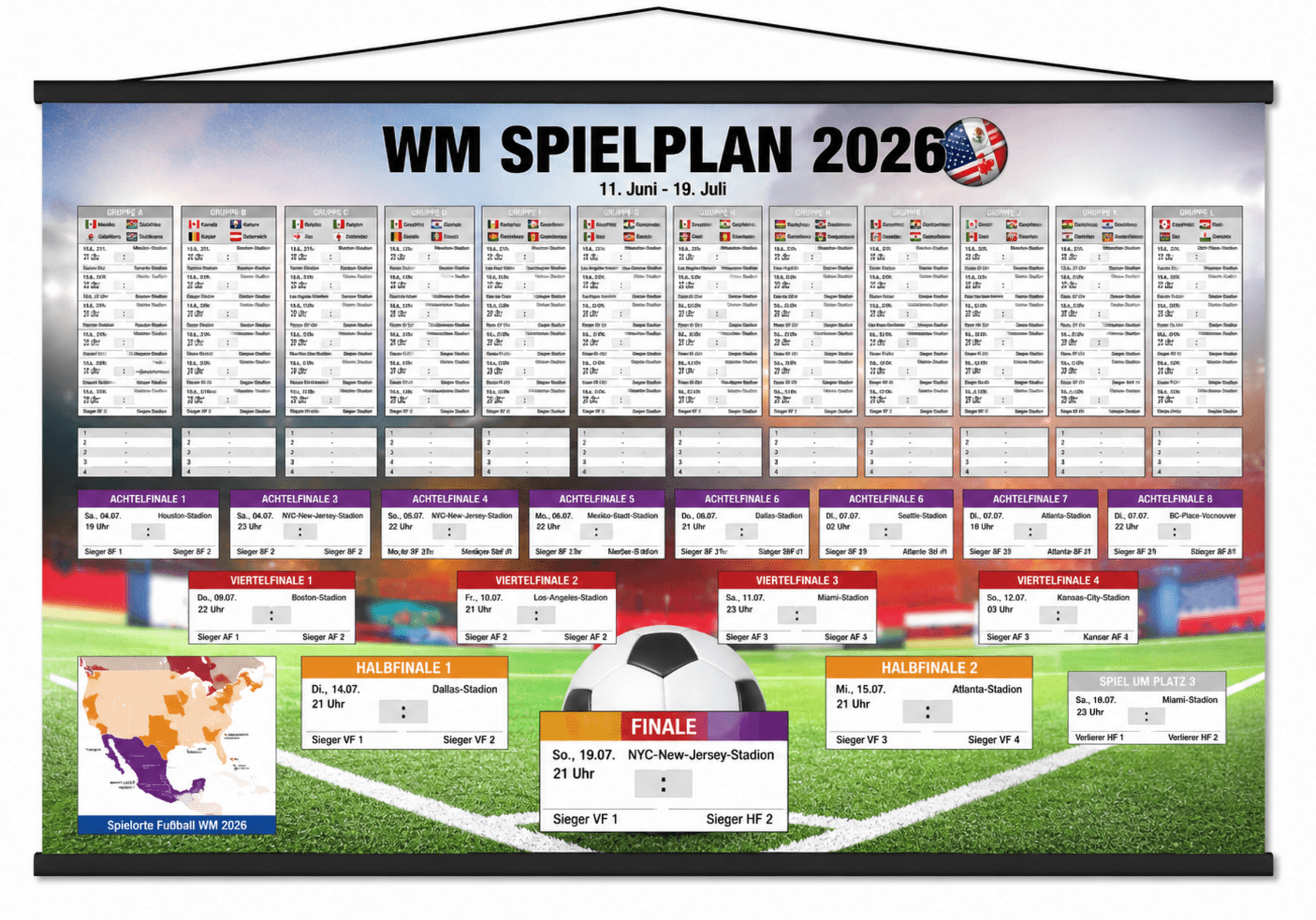 WM Spielplan 2026 | Fußball Weltmeisterschaft | XXL-Format | inkl. Posterleisten schwarz 100 cm